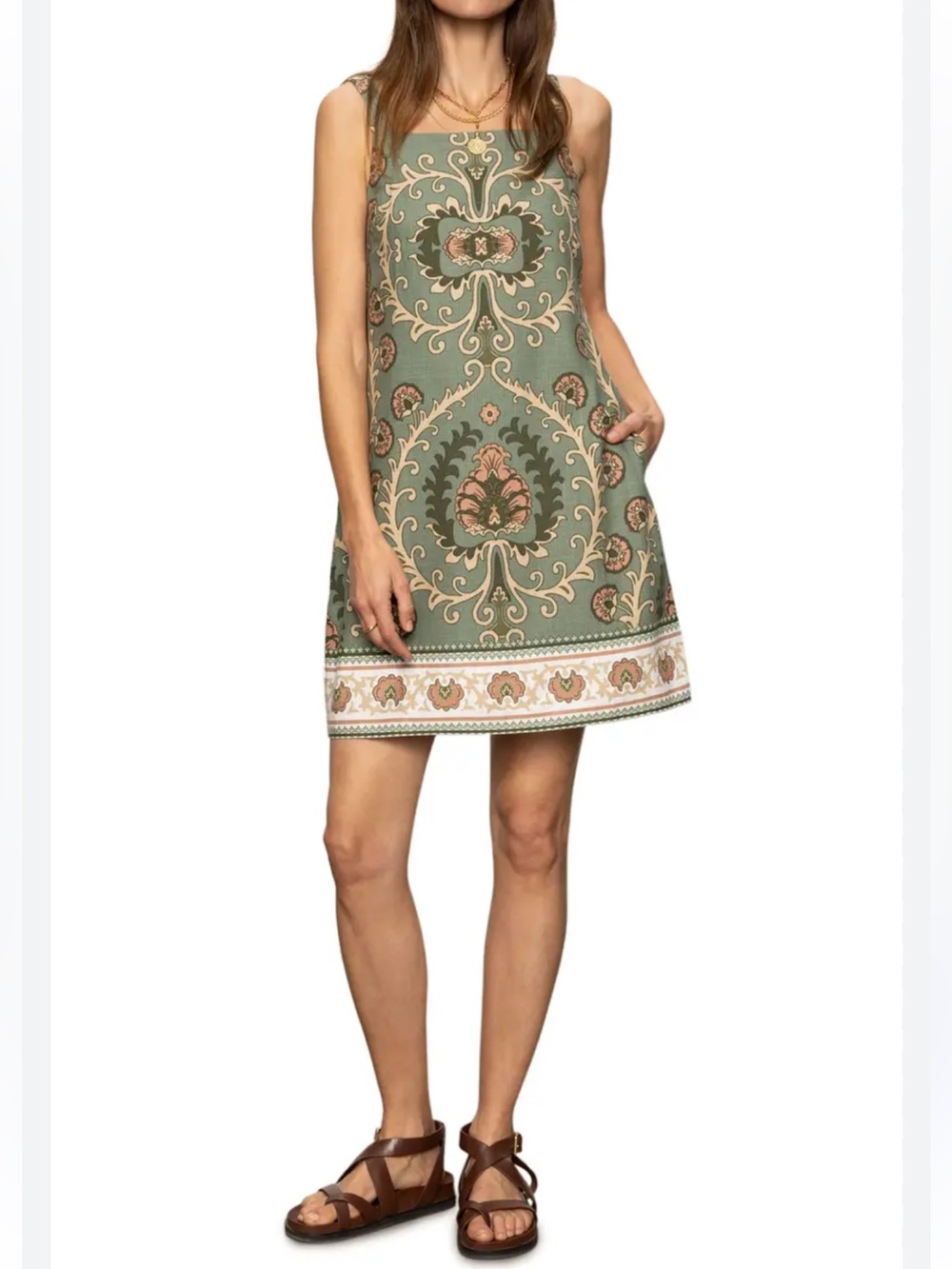 Sanctuary XS Sage Green Tapestry Pattern Sleeveless Linen Blend Shift Dress NWT